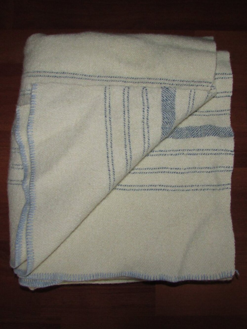 Vintage Cream Wool Blanket with Blue Stripes – 53" × 63